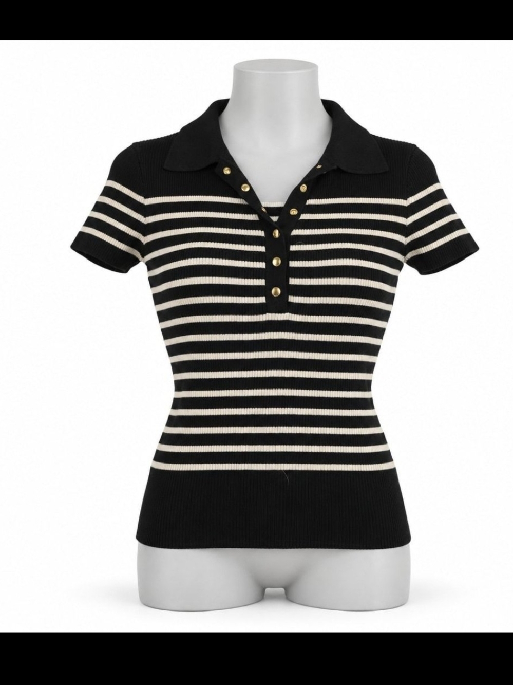 Striped Knit Polo Top with Gold Buttons - Black & Cream